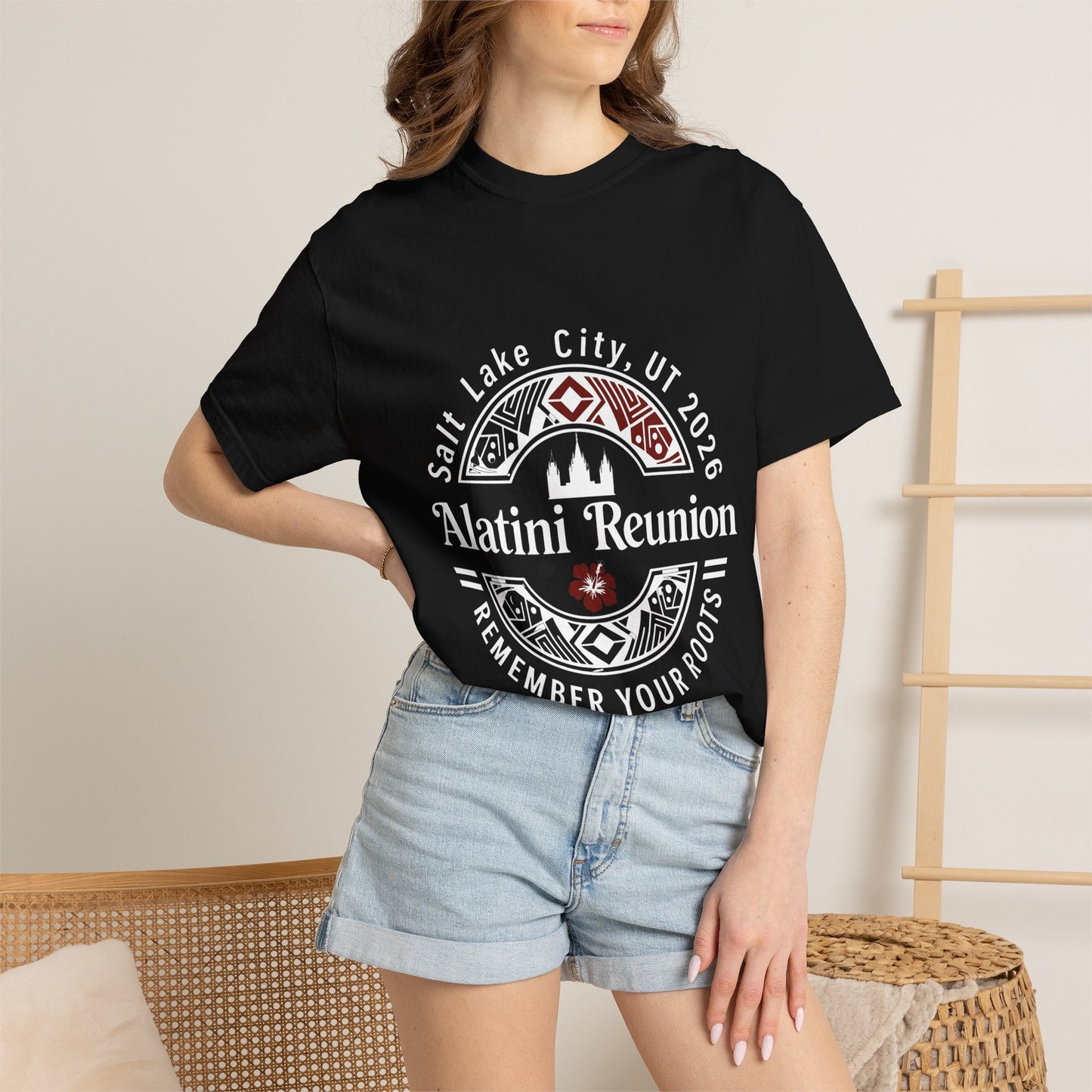 White on Black Alatini Reunion T-Shirt — Lake City UT 2026 «Remember Your Roots»